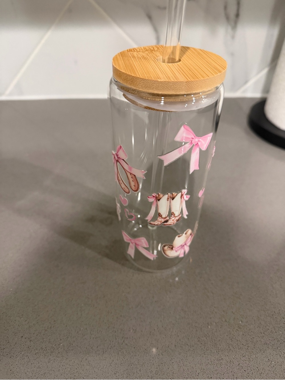Glass Tumbler with Pink Ballet Bow Design and Bamboo Lid